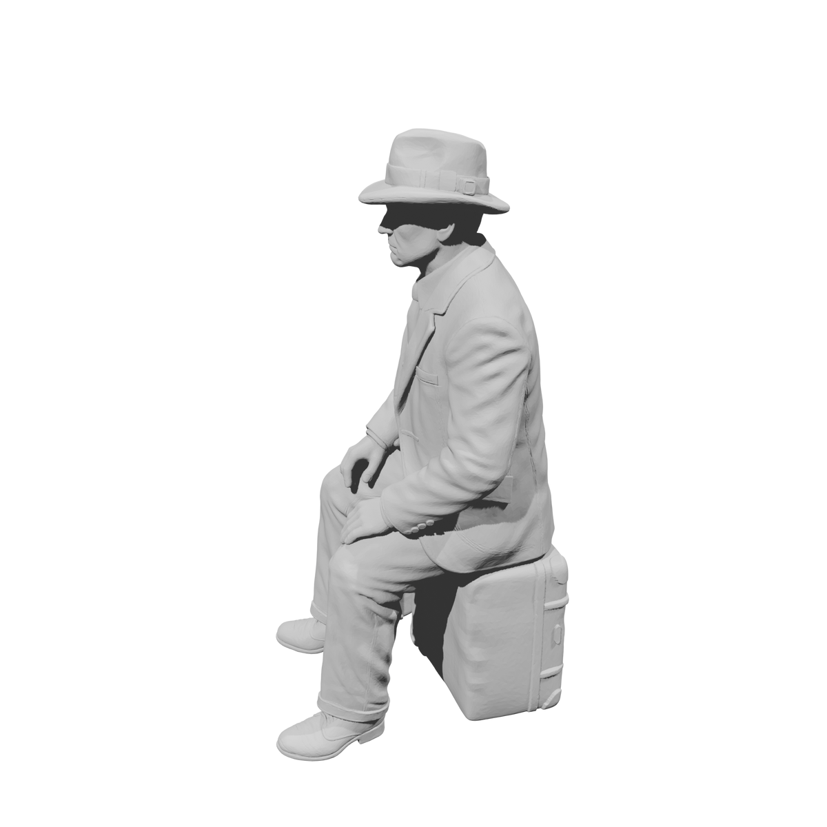 MM1494 Seated Gentleman in Suit and Fedora with Stacked Luggage