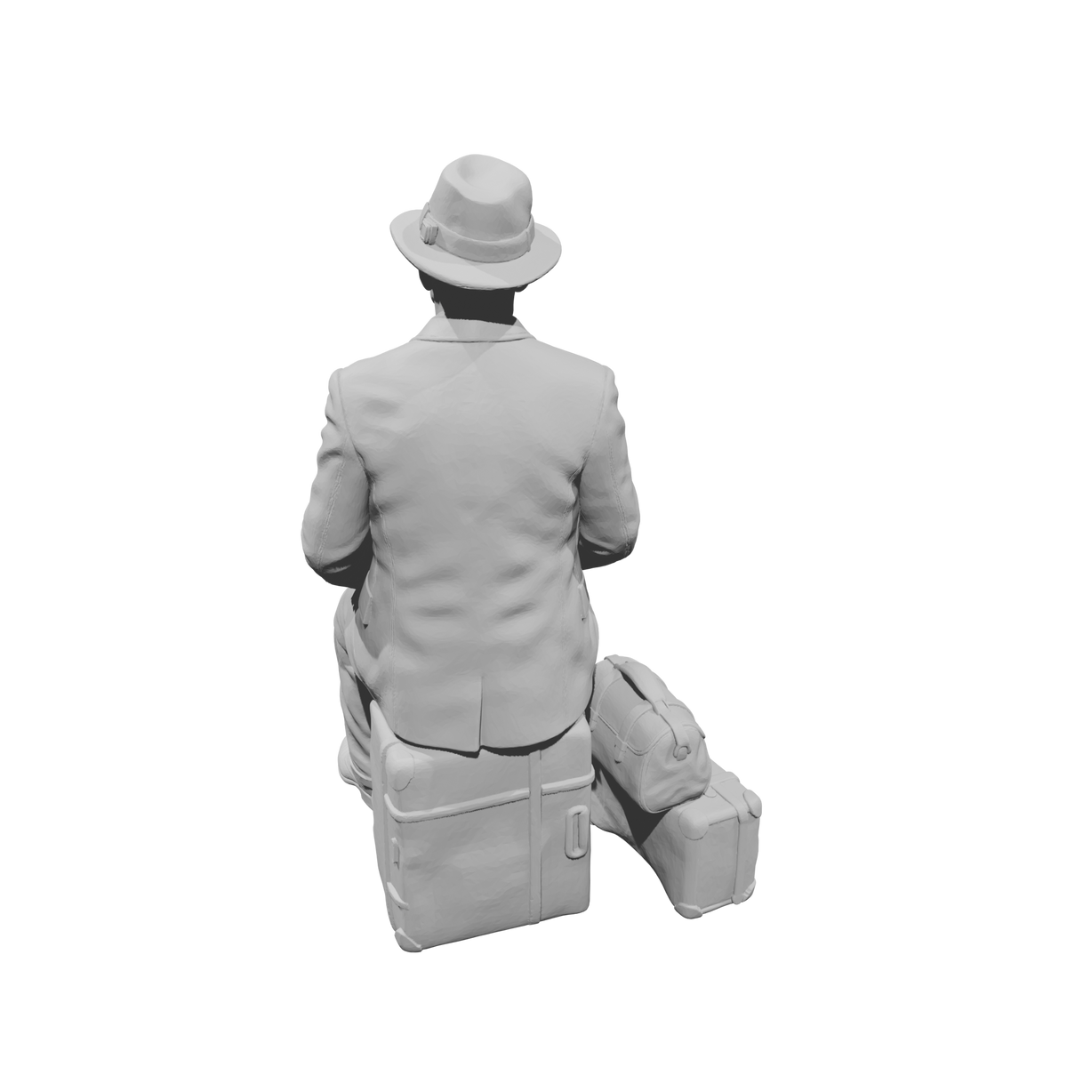 MM1494 Seated Gentleman in Suit and Fedora with Stacked Luggage
