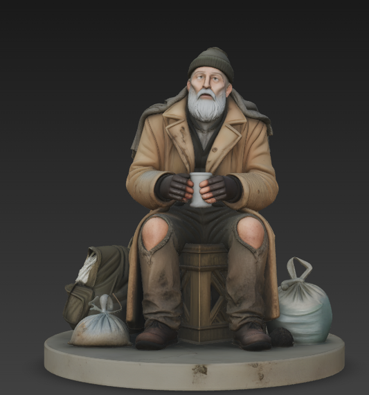 MM325 1970s Street Folks 4-Elderly Man Sitting on Crate