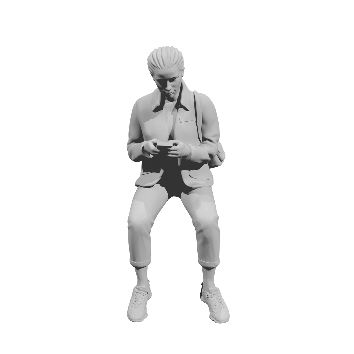 MM520 Seated Woman with Backpack Using Phone