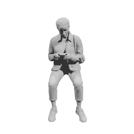 MM520 Seated Woman with Backpack Using Phone