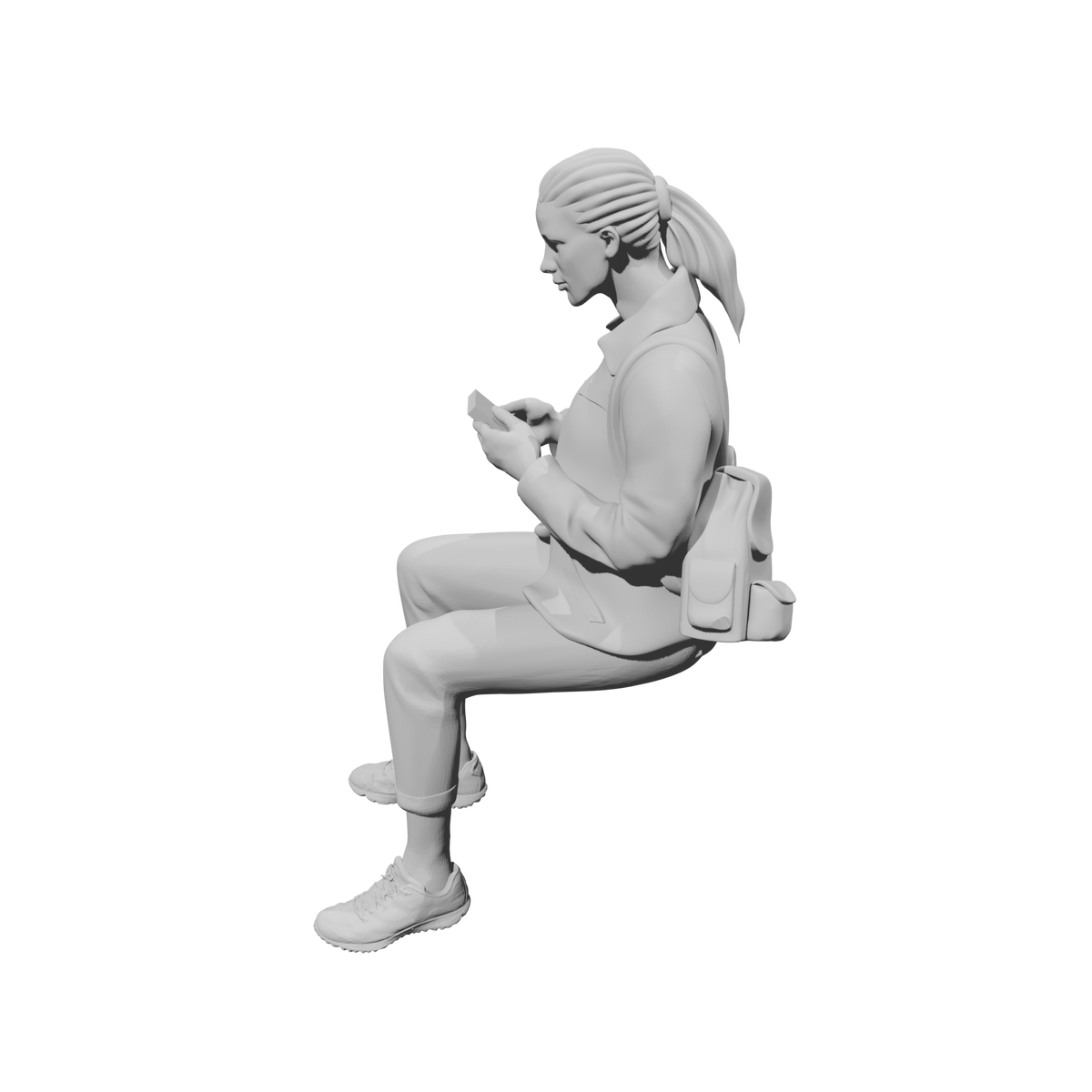 MM520 Seated Woman with Backpack Using Phone