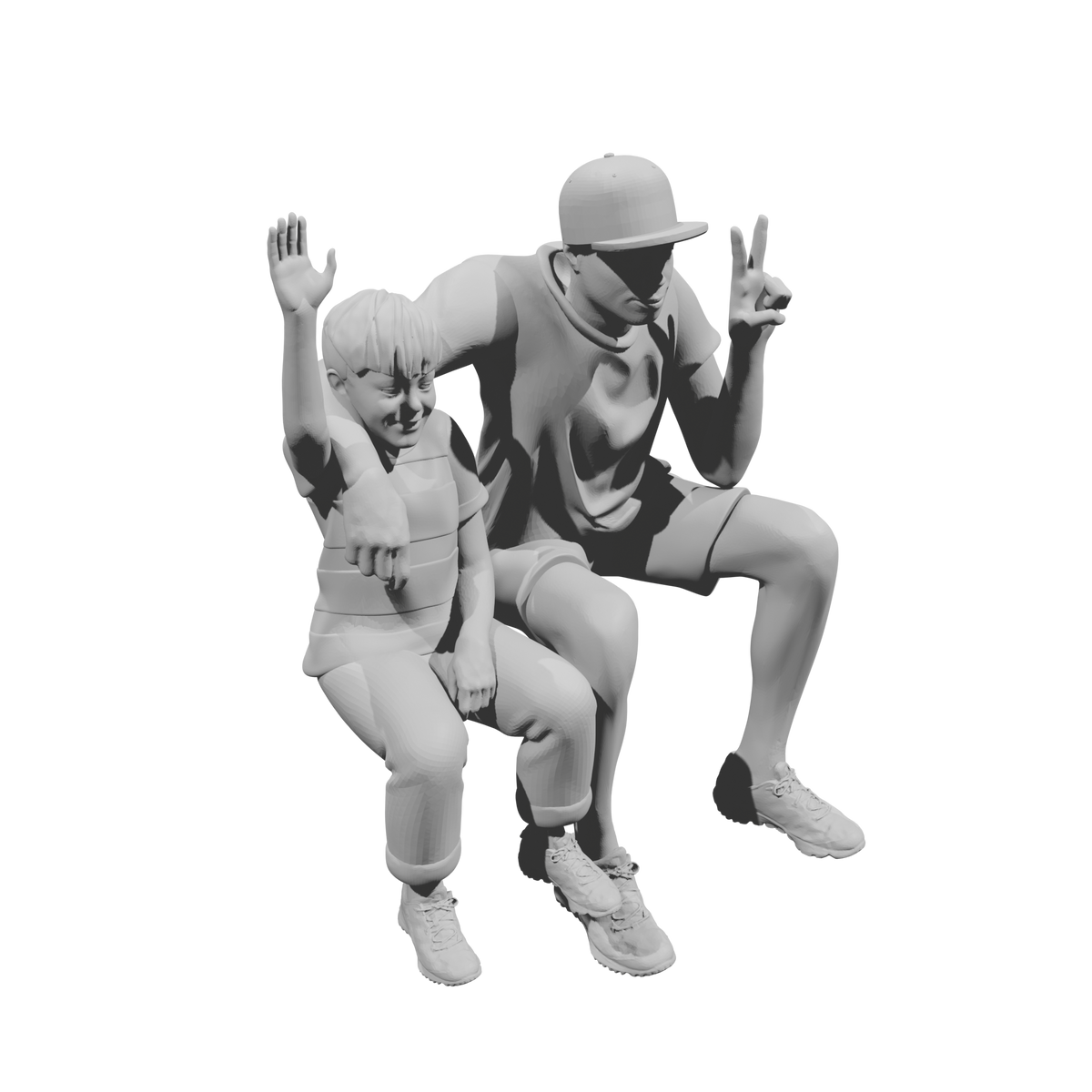 MM516 Father and Son Waving and Making Peace Sign