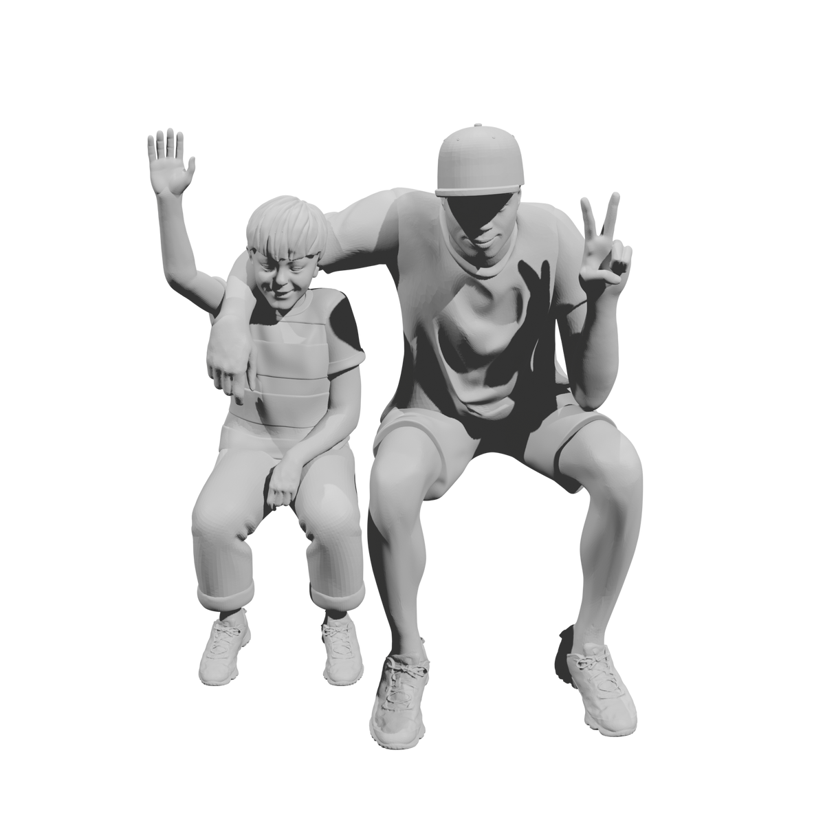 MM516 Father and Son Waving and Making Peace Sign