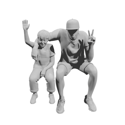 MM516 Father and Son Waving and Making Peace Sign