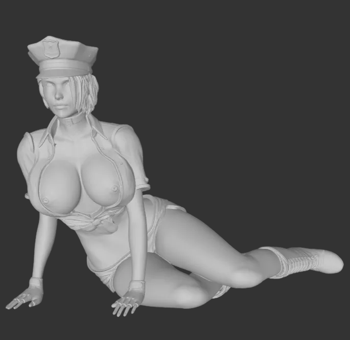 A grayscale 3D digital render of a female police officer character in a crouching pose, wearing a police hat, short jacket, and shorts, on a plain light gray background.