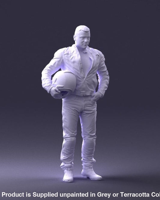 Motorcyclist In Leathers And Holding Helmet Figure