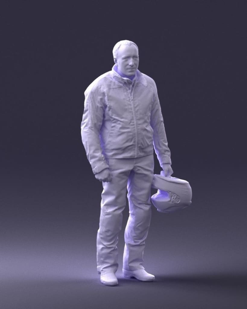 Pensioner Motorcyclist In Leathers And Holding Helmet Figure