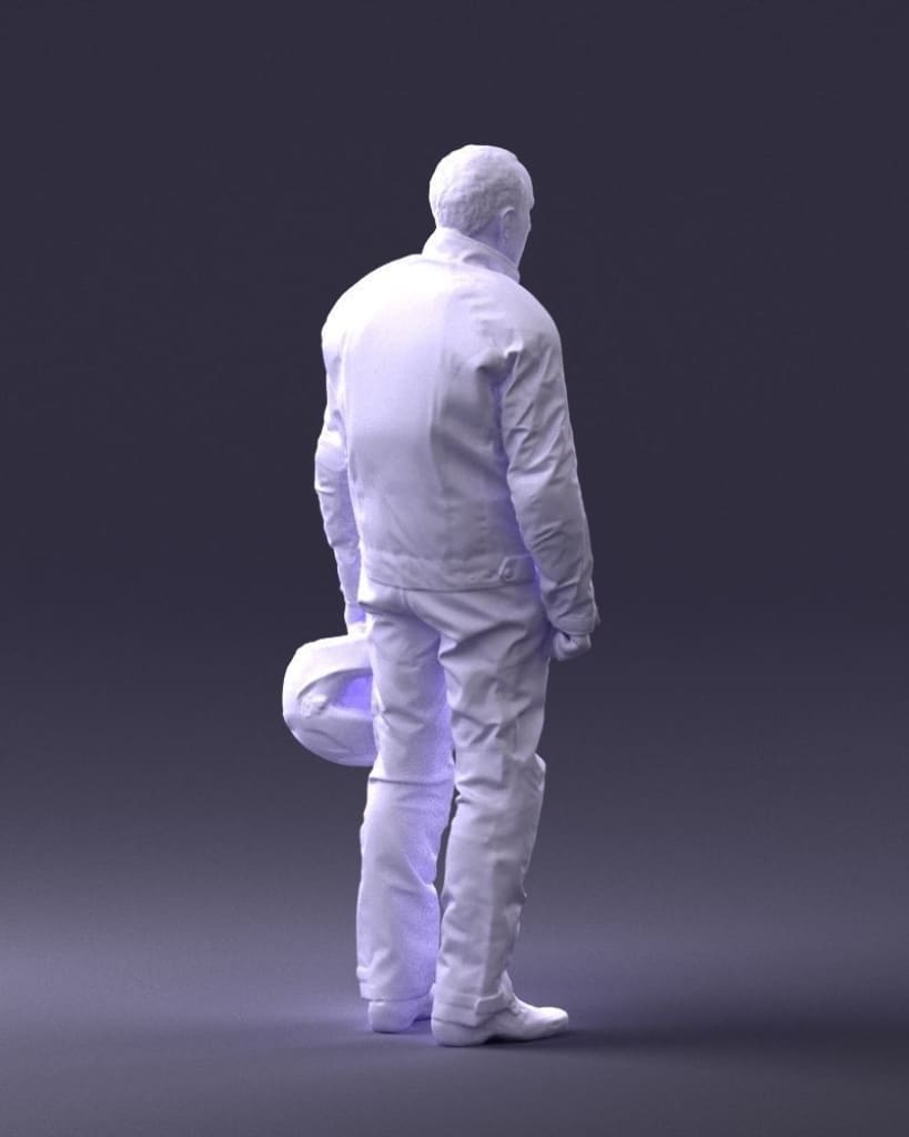 Pensioner Motorcyclist In Leathers And Holding Helmet Figure