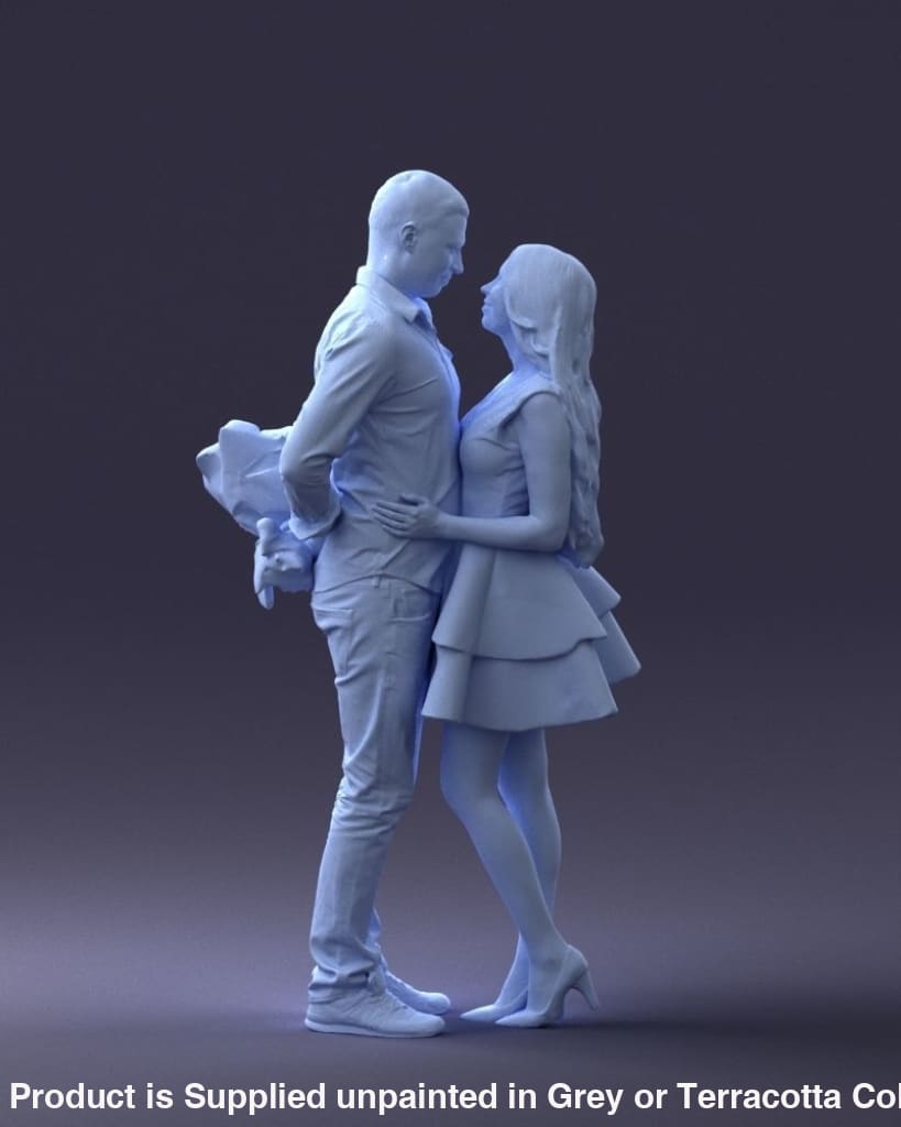 Young Couple Man Holding Flowers Behind Back Figure