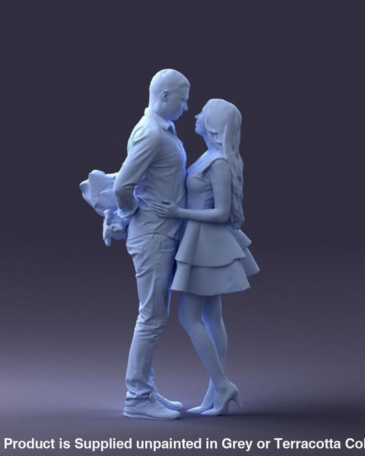 Young Couple Man Holding Flowers Behind Back Figure