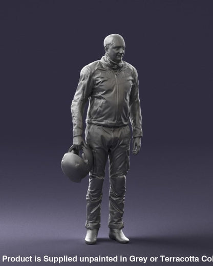 Older Pensioner In Motorcycle Clothes And Helmet Figure