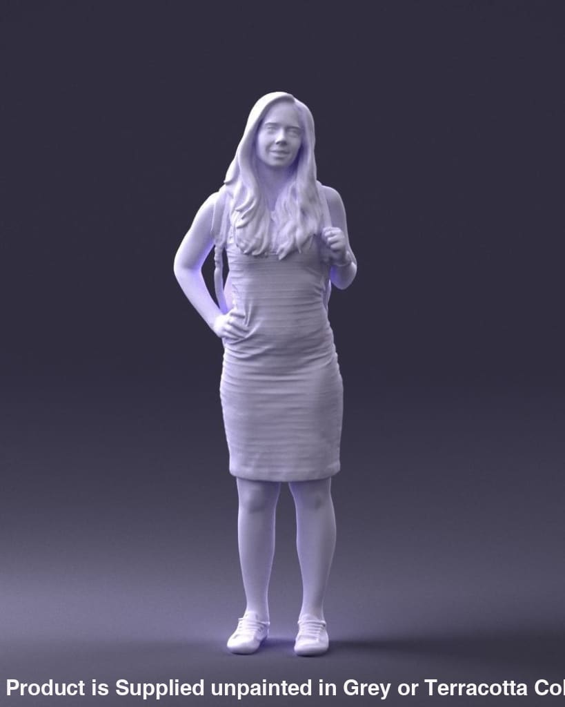 Young Girl In Dress And Small Rucksack On Back Figure