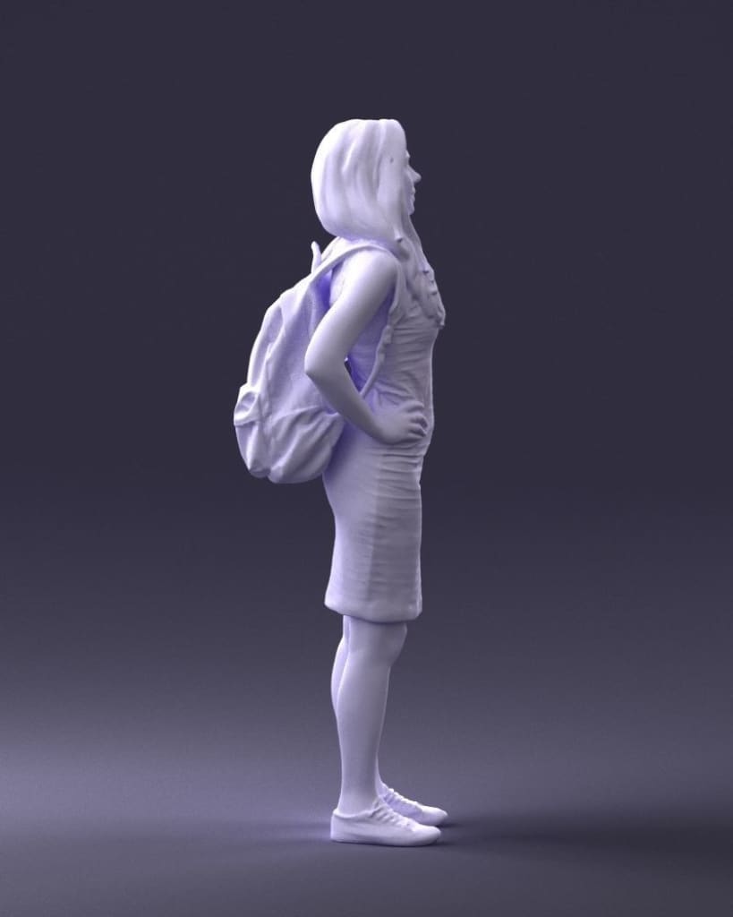 Young Girl In Dress And Small Rucksack On Back Figure