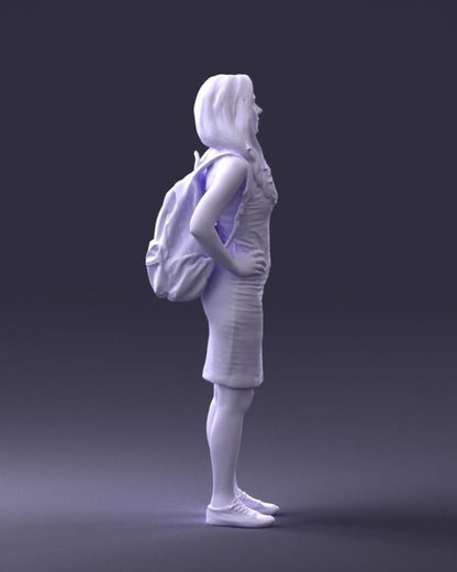 Young Girl In Dress And Small Rucksack On Back Figure