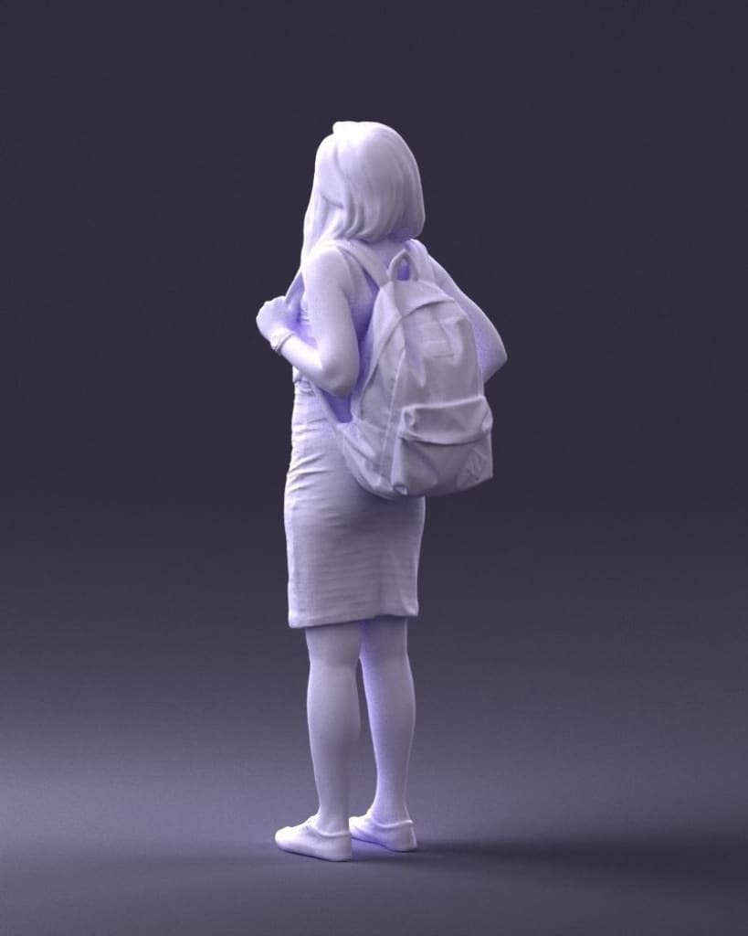 Young Girl In Dress And Small Rucksack On Back Figure