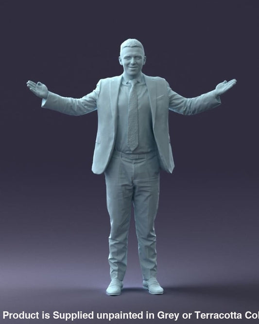Young Male In Suite Hands Out Surrender/welcome Figure