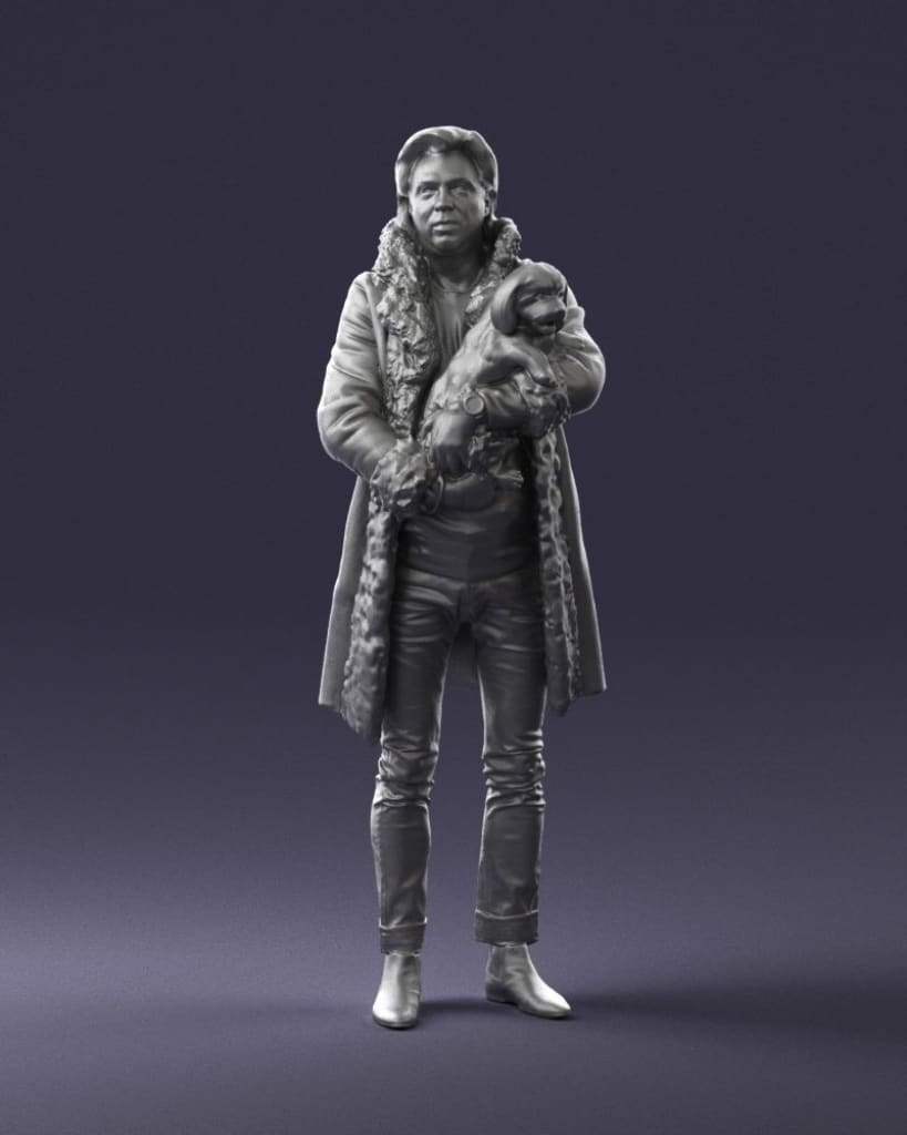 Male In Long Coat Holding Dog In Arms Figure