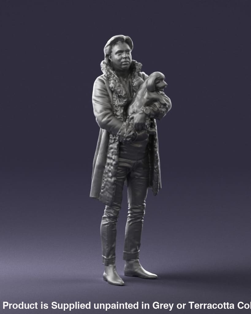 Male In Long Coat Holding Dog In Arms Figure