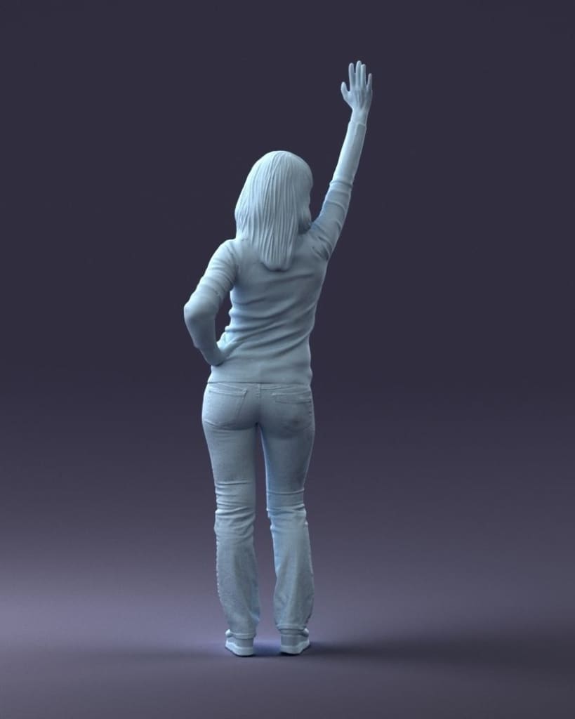 Casually Dressed Female Arm Up Waving Figure