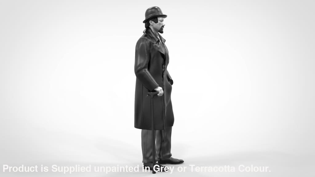 Male In Bowler Hat Wearing Trench Coat With Walking Stick Figure