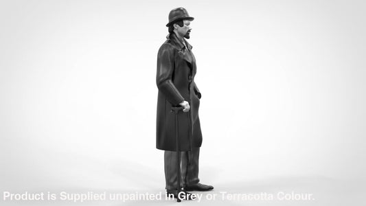 Male In Bowler Hat Wearing Trench Coat With Walking Stick Figure