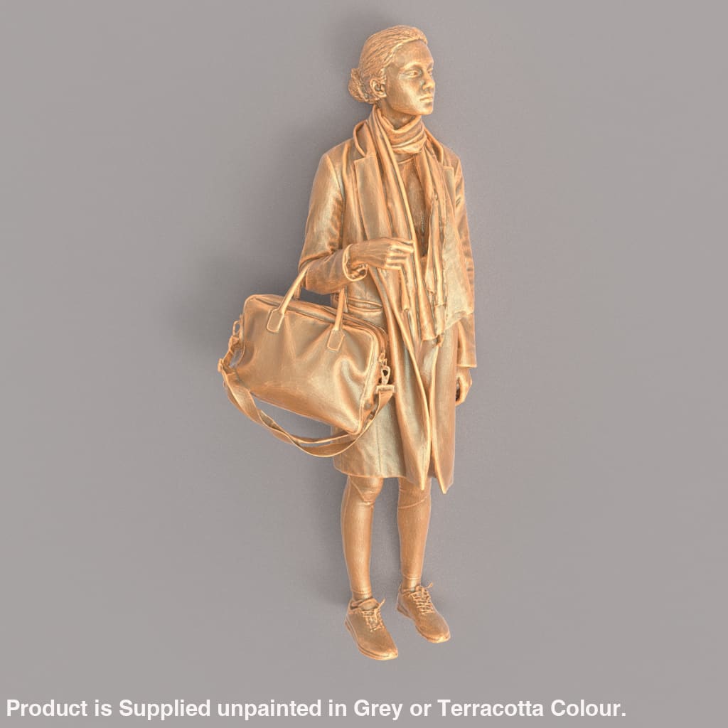 MM446 Female In Long Coat and Large Bag on Arm Figure